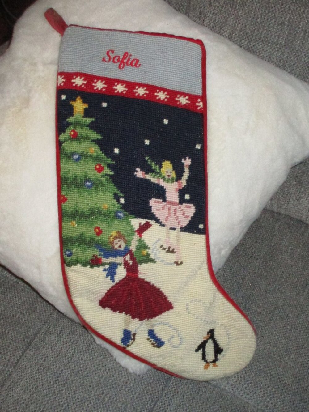 Land's End Needlepoint Christmas stocking gree velvet back wool Embroidery GRAN